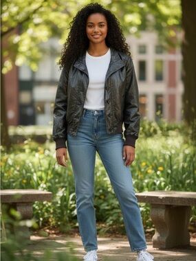 The Limited Dark Green Faux Leather Bomber Jacket